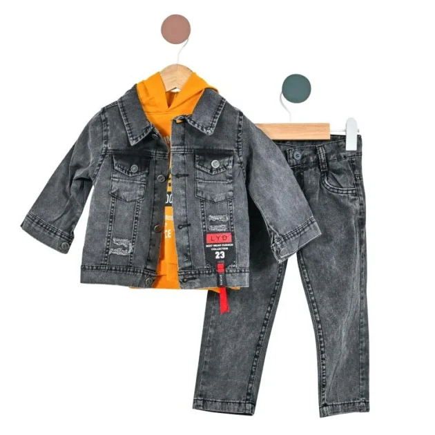 Set Denim Negru și Hanorac cu Glugă din 3 Piese pentru Baieti 2+ Ani